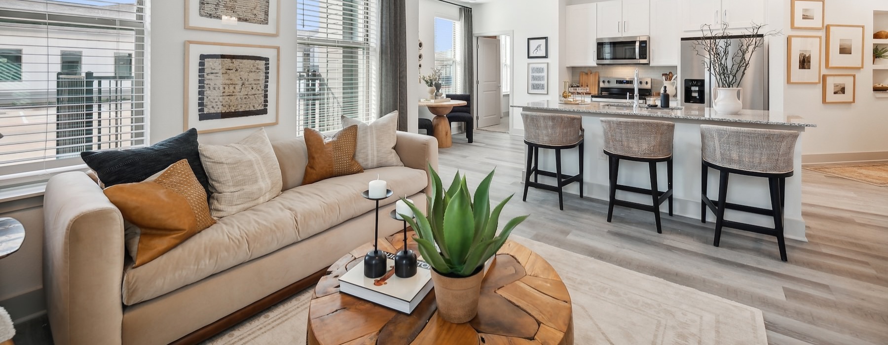 a living room with a couch and a table
